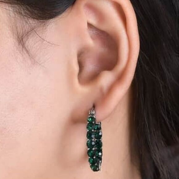 Emerald Color Crystal Hoop Earrings - Picture 6 of 16